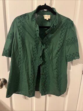 Sezanne Green Eyelet Ruffle Button-Up Shirt